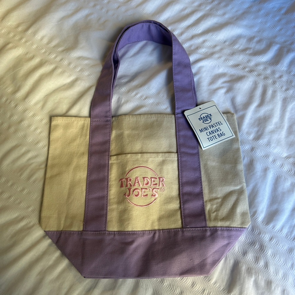 Trader Joe's Mini Pastel Canvas Tote Bag Purple Lavender Cream Limited Edition